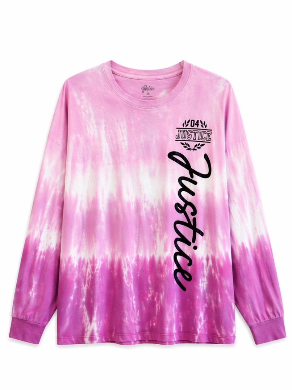Justice Purple & Pink Tie-Dye Glitter Logo Long Sleeve Top – Size Large EUC